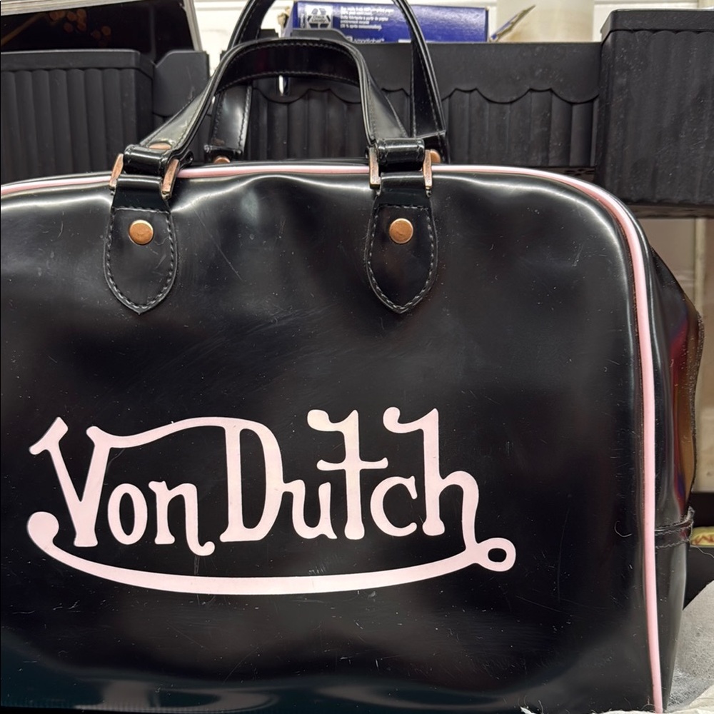 Original Von Dutch Black and Pink Handbag- bowling tote style y2k era few scuffs